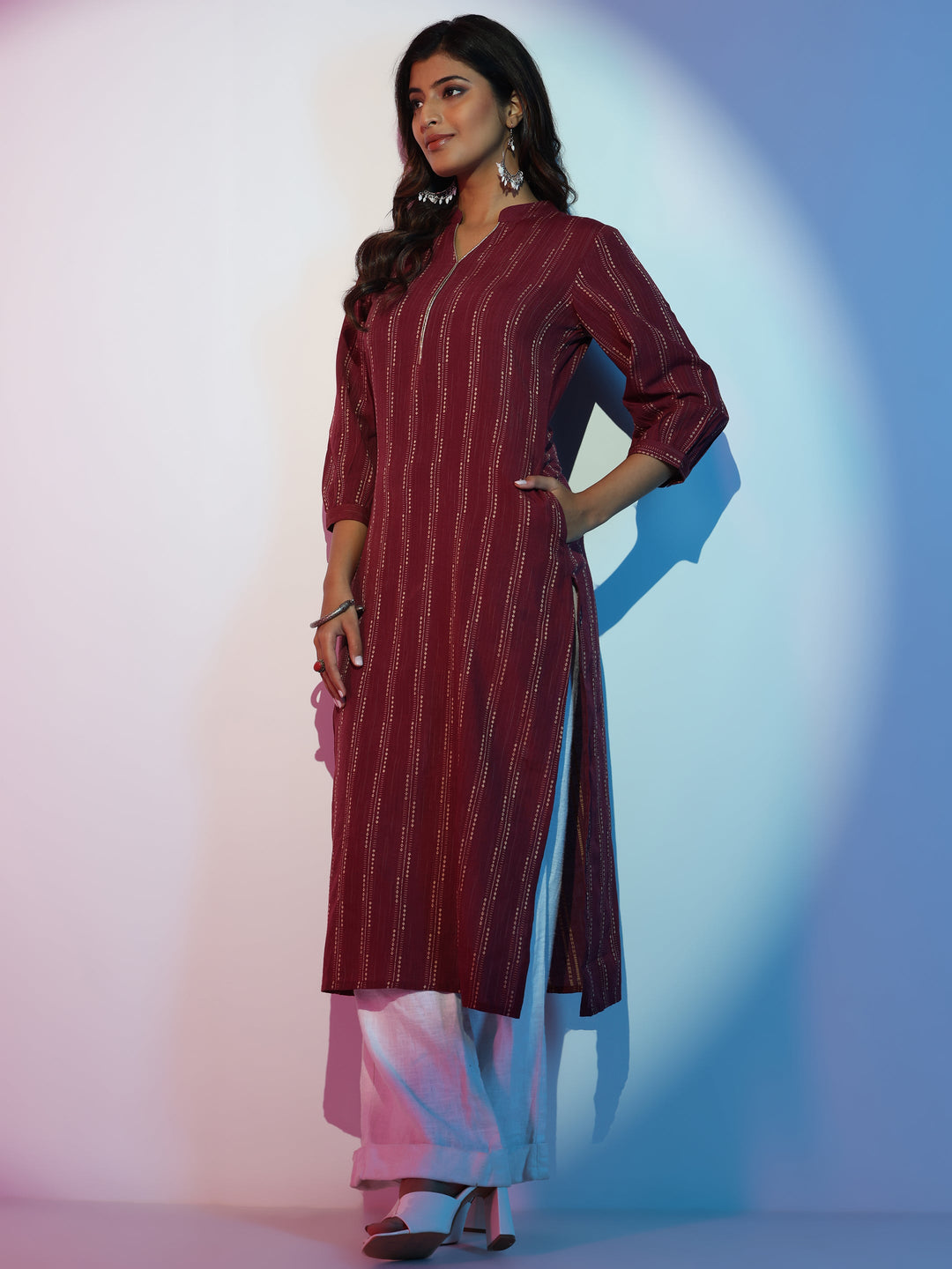 Maroon Woven Design Cotton Straight Kurta