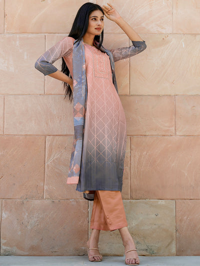Peach Yoke Design Silk Blend Straight Suit Set With Trousers