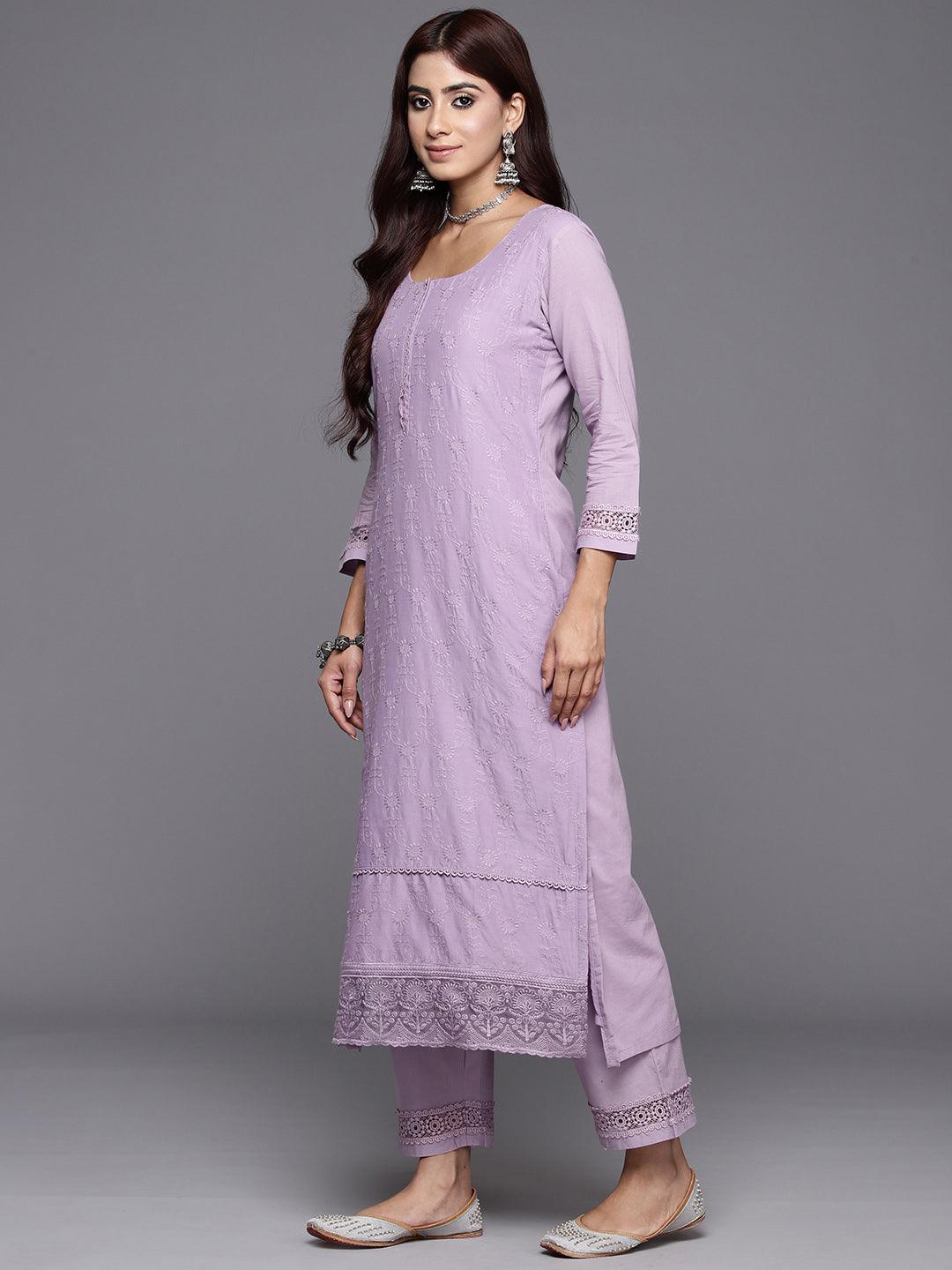 Lavender Embroidered Cotton Suit Set With Trousers - ShopLibas 