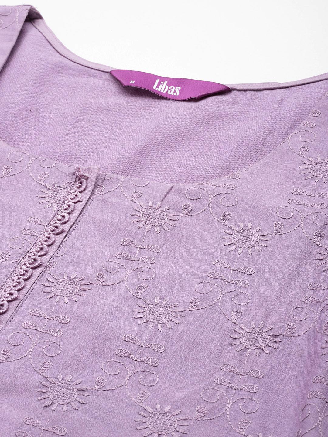 Lavender Embroidered Cotton Suit Set With Trousers - ShopLibas 