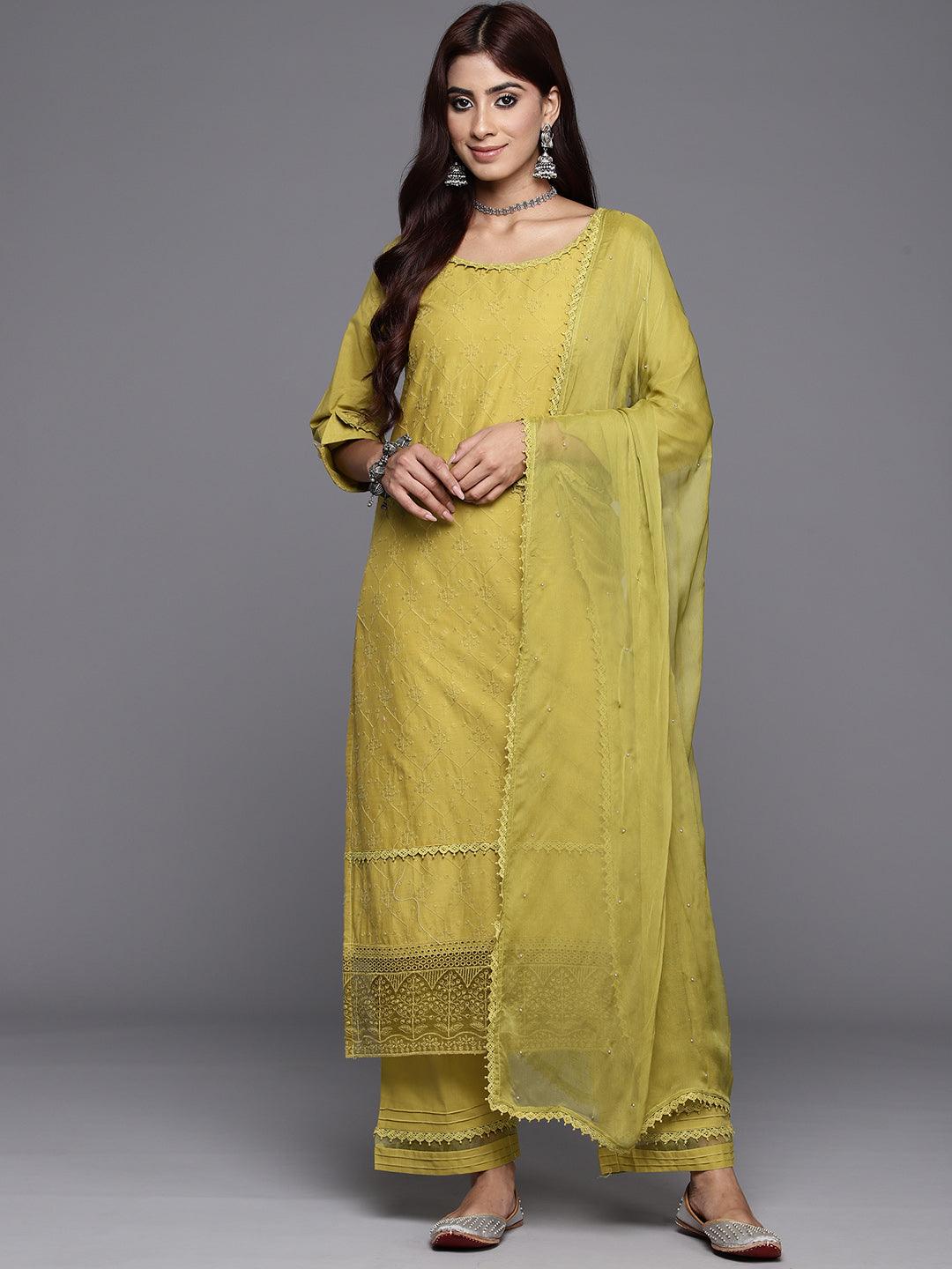 Green Embroidered Cotton Suit Set With Trousers - ShopLibas 