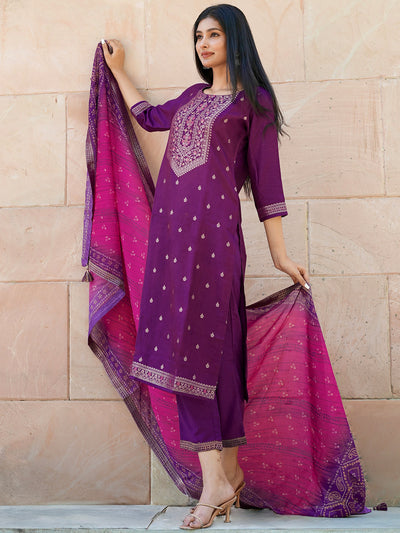 Purple Self Design Silk Blend Straight Suit Set With Trousers