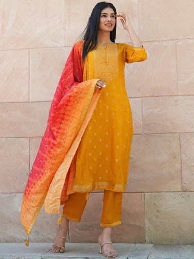 Mustard Self Design Silk Blend Straight Suit Set With Trousers