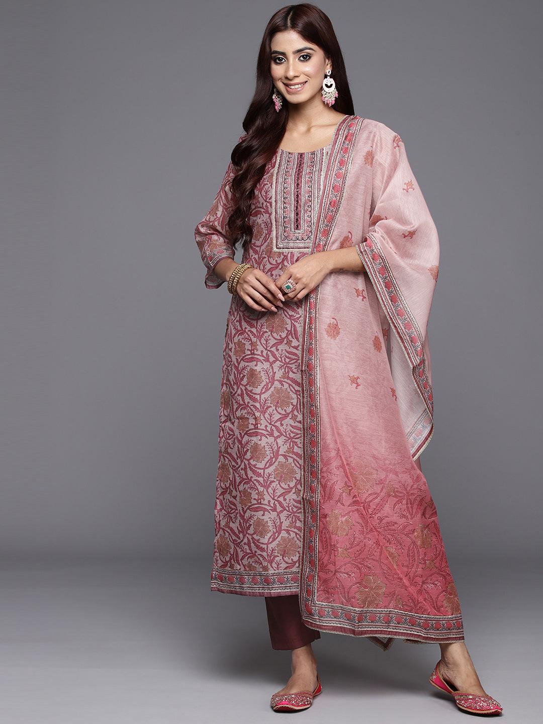 Mauve Yoke Design Silk Blend Straight Kurta With Trousers & Dupatta - ShopLibas