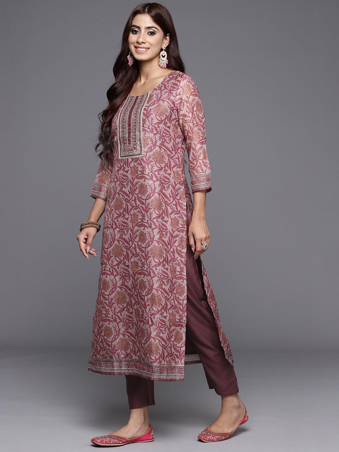 Mauve Yoke Design Silk Blend Straight Kurta With Trousers & Dupatta - ShopLibas