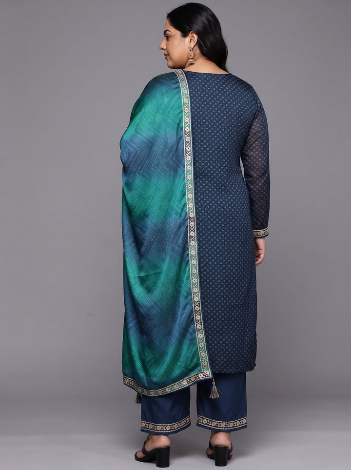 Plus Size Blue Printed Chiffon Straight Kurta With Trousers & Dupatta