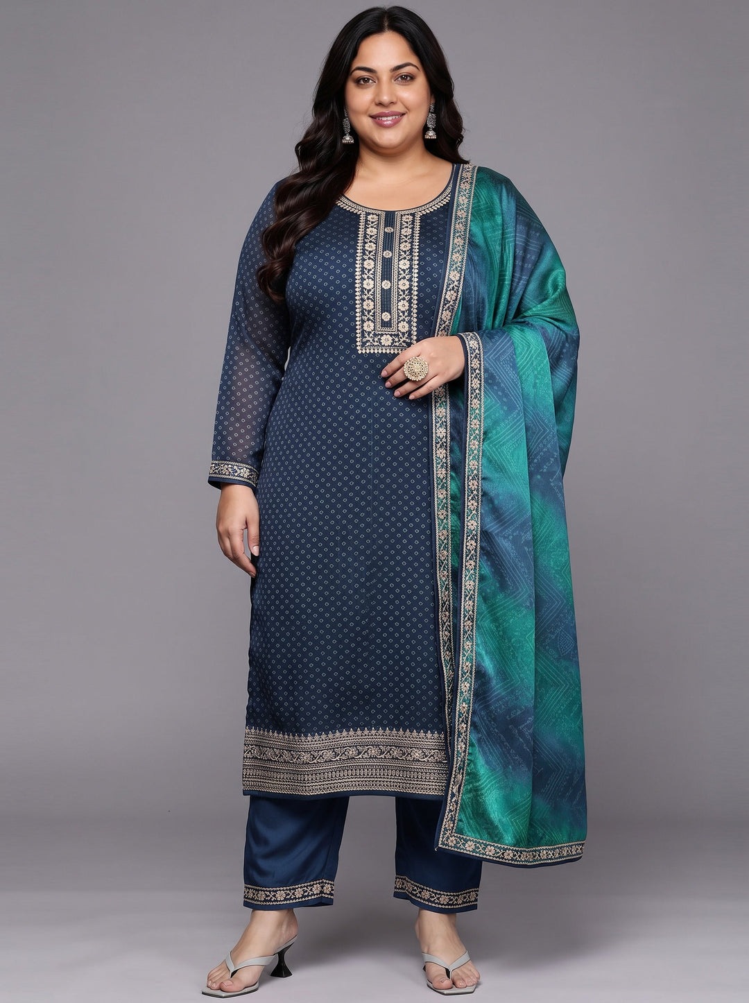 Plus Size Blue Printed Chiffon Straight Kurta With Trousers & Dupatta