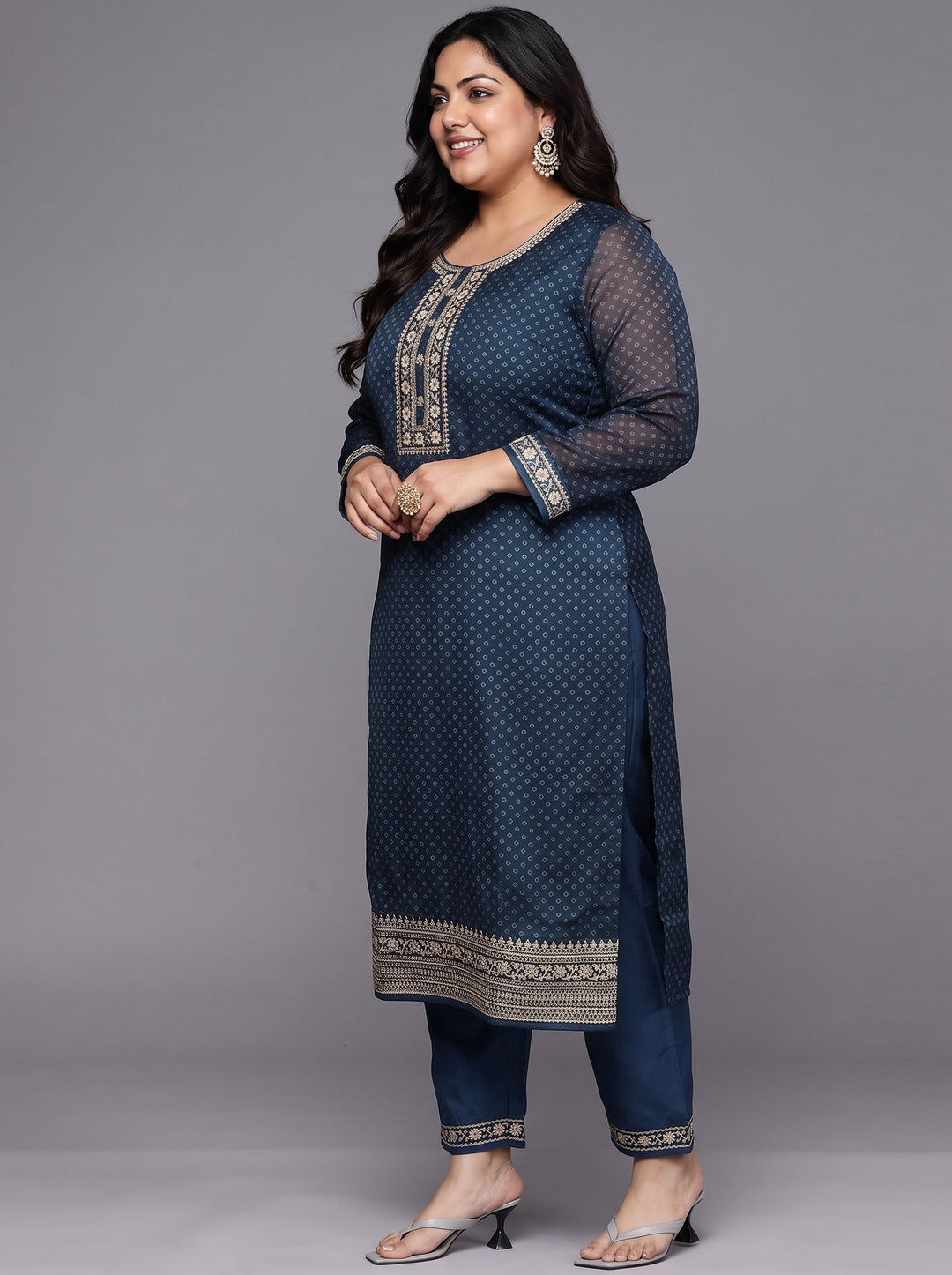 Plus Size Blue Printed Chiffon Straight Kurta With Trousers & Dupatta
