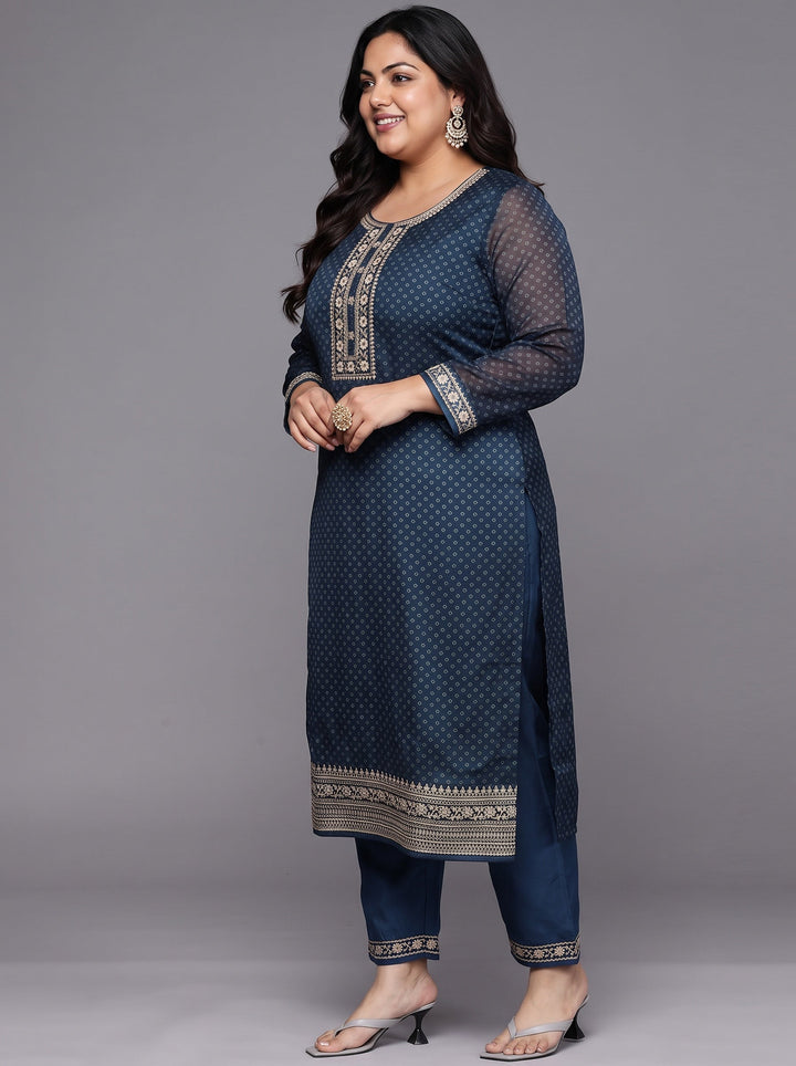 Plus Size Blue Printed Chiffon Straight Kurta With Trousers & Dupatta