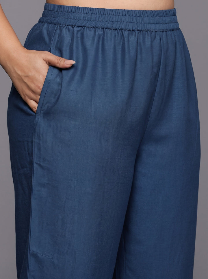Plus Size Blue Printed Chiffon Straight Kurta With Trousers & Dupatta