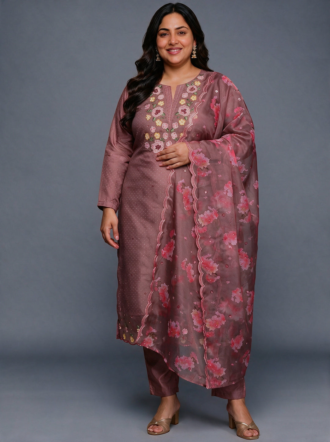 Plus Size Mauve Floral Embroidered Silk Blend Suit Set