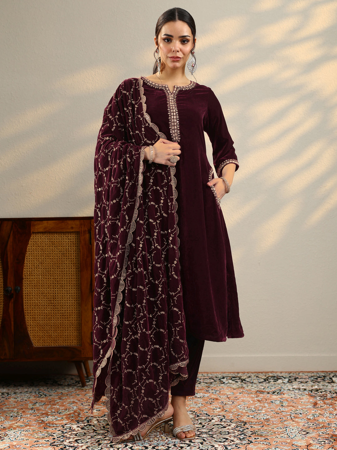 Burgundy Yoke Design Velvet Straight Suit With Dupatta