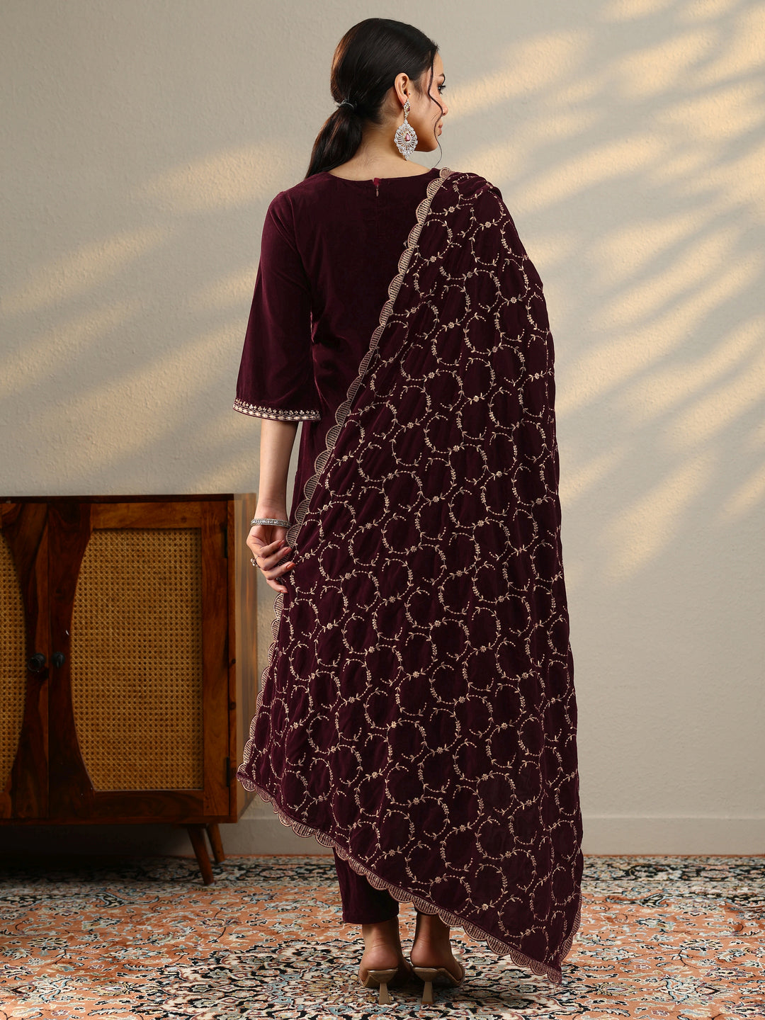 Burgundy Yoke Design Velvet Straight Suit With Dupatta