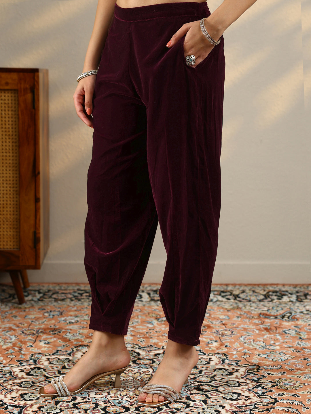 Burgundy Yoke Design Velvet Straight Suit With Dupatta