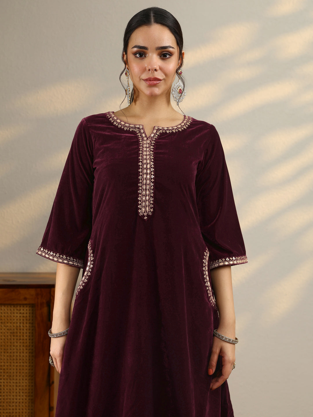 Burgundy Yoke Design Velvet Straight Suit With Dupatta