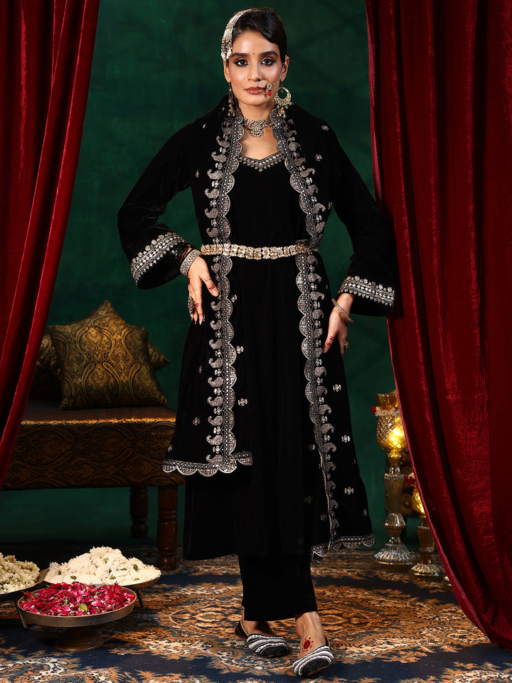Black Yoke Design Velvet Straight Suit With Dupatta