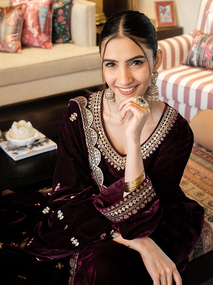 Burgundy Yoke Design Velvet Straight Suit With Dupatta
