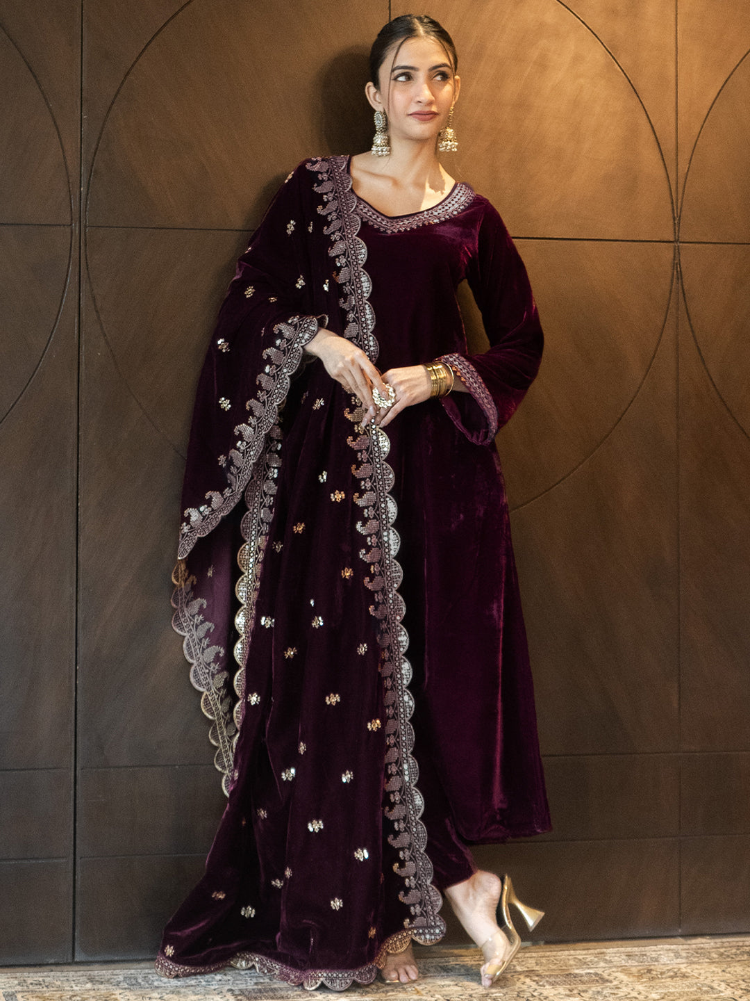 Burgundy Yoke Design Velvet Straight Suit With Dupatta