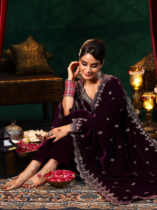 Maroon Yoke Design Velvet Straight Suit With Dupatta