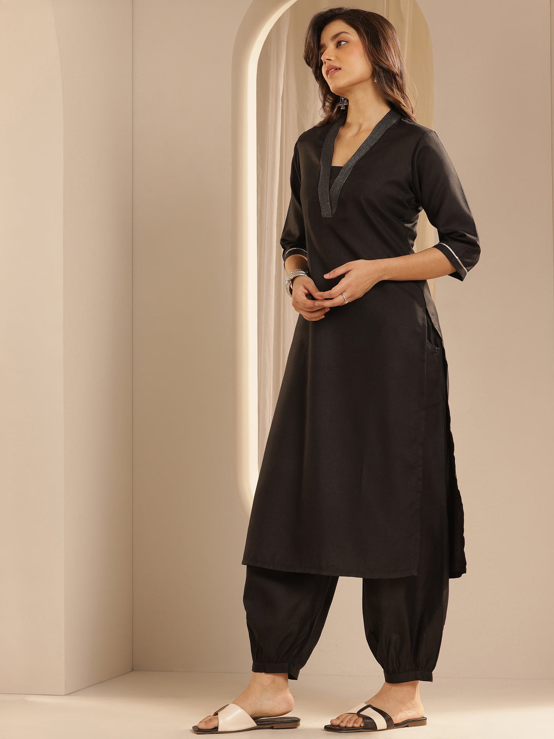 Black Solid Cotton Blend Straight Suit With Dupatta