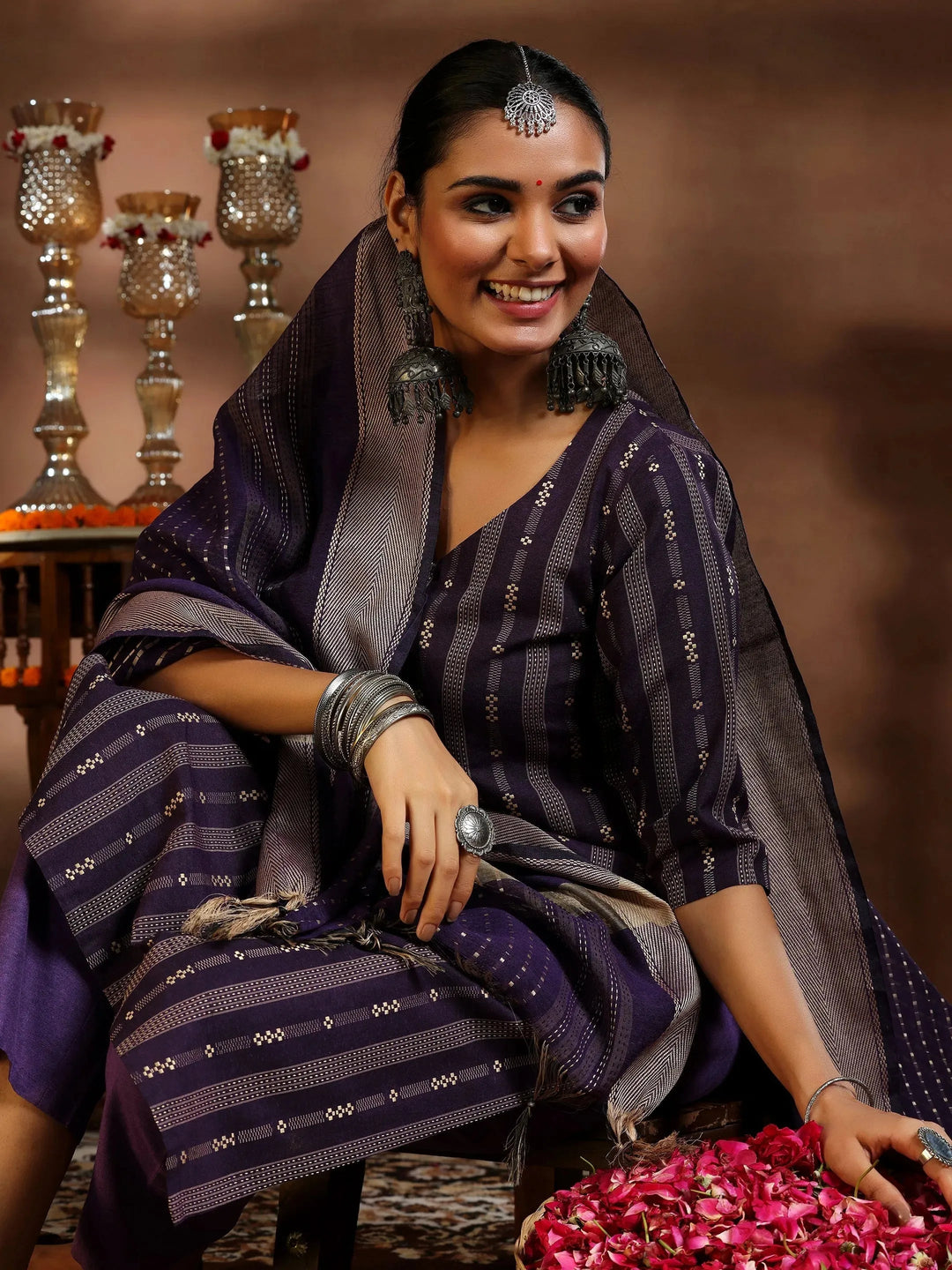 Purple Woven Design Cotton Blend Straight Suit With Dupatta