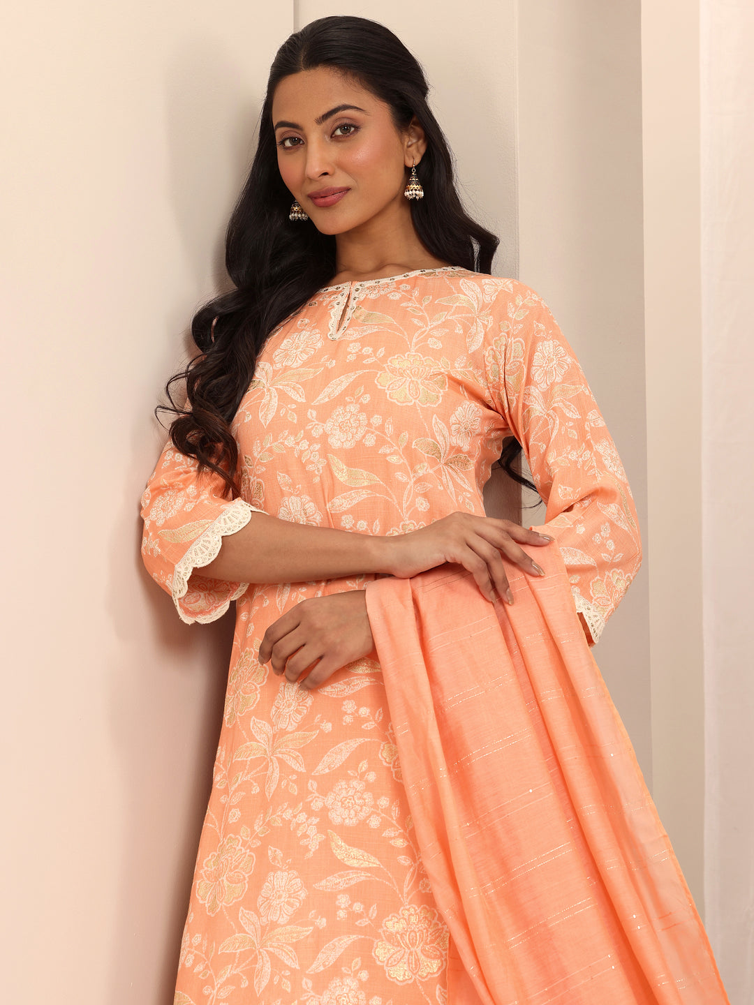 Orange Printed Cotton Blend Straight Suit With Dupatta