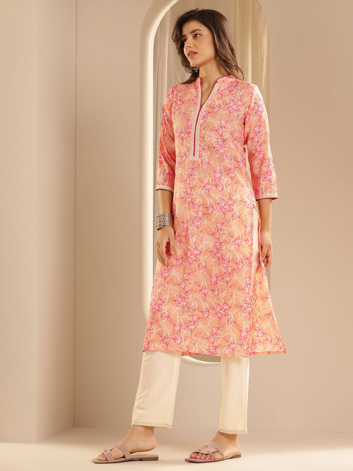 Orange Printed Cotton Blend Straight Suit With Dupatta
