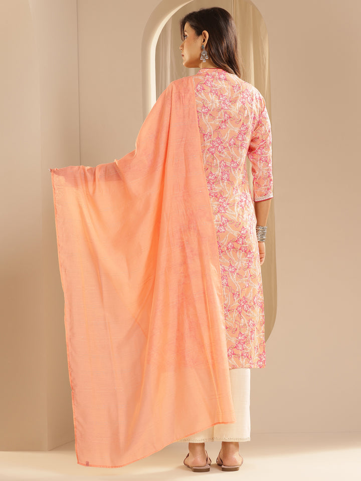 Orange Printed Cotton Blend Straight Suit With Dupatta