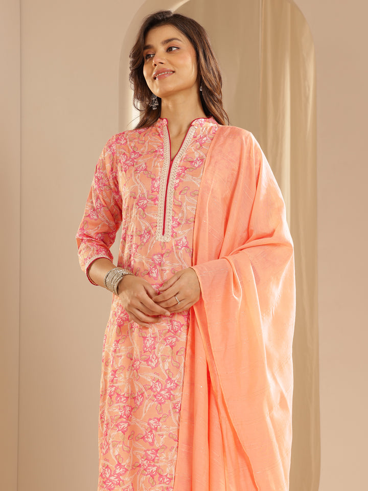 Orange Printed Cotton Blend Straight Suit With Dupatta