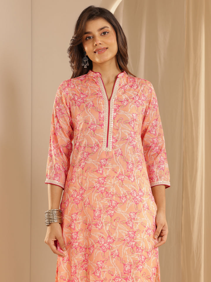 Orange Printed Cotton Blend Straight Suit With Dupatta