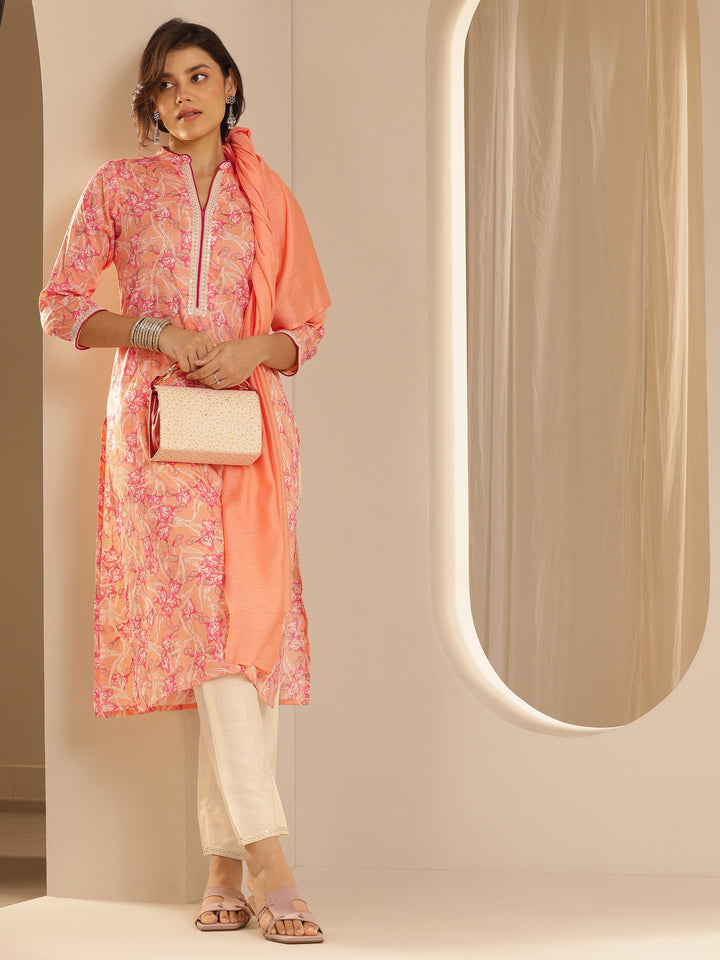 Orange Printed Cotton Blend Straight Suit With Dupatta