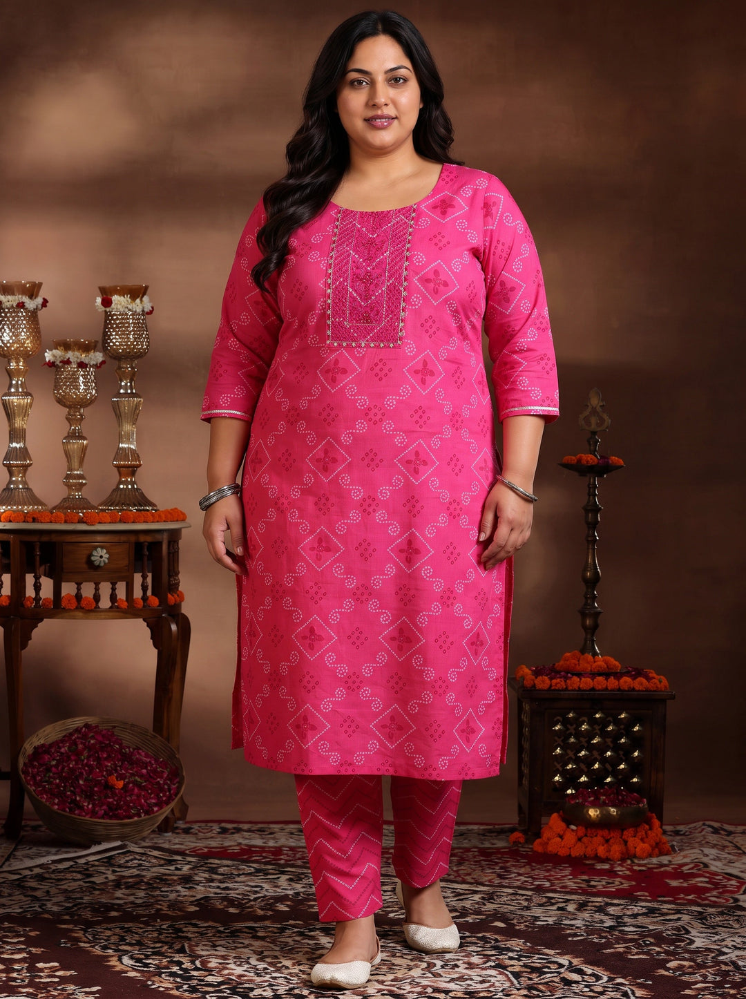 Plus Size Pink Bandhani Printed Cotton Straight Suit Set