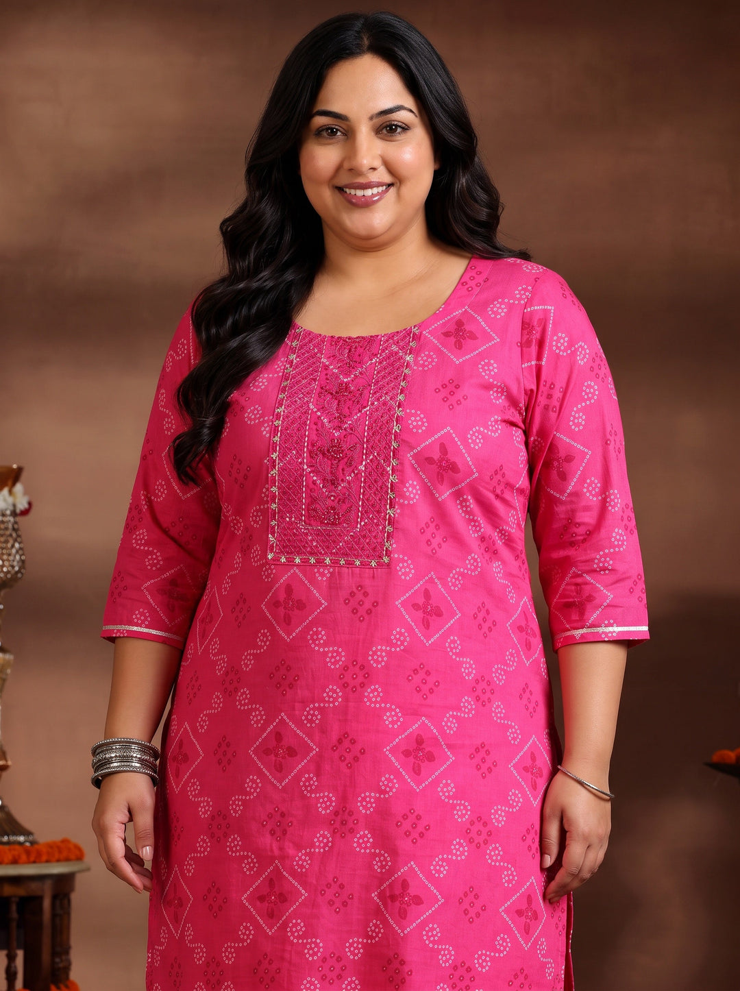 Plus Size Pink Bandhani Printed Cotton Straight Suit Set