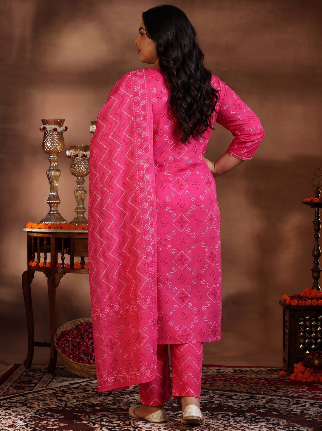 Plus Size Pink Bandhani Printed Cotton Straight Suit Set