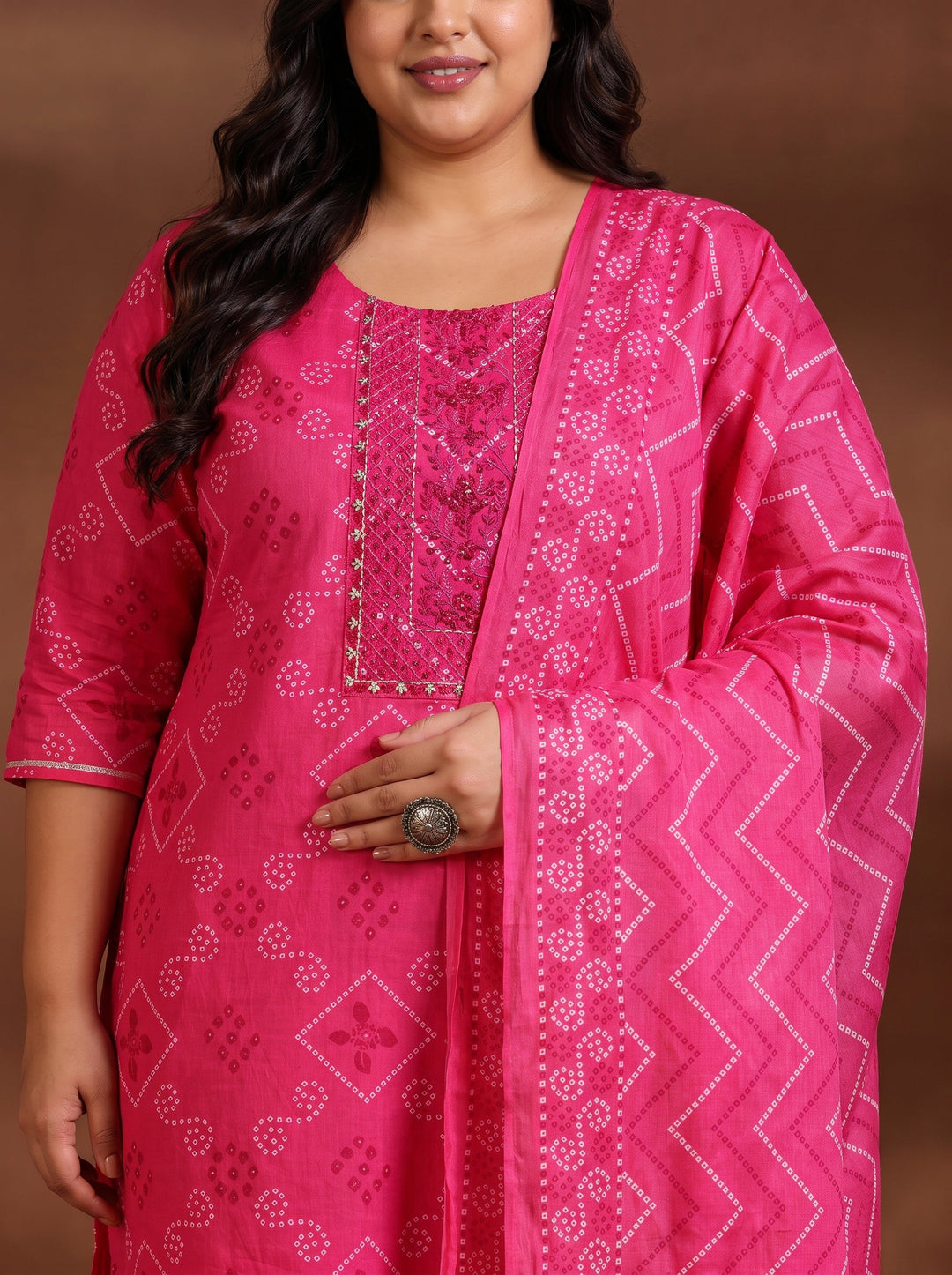 Plus Size Pink Bandhani Printed Cotton Straight Suit Set