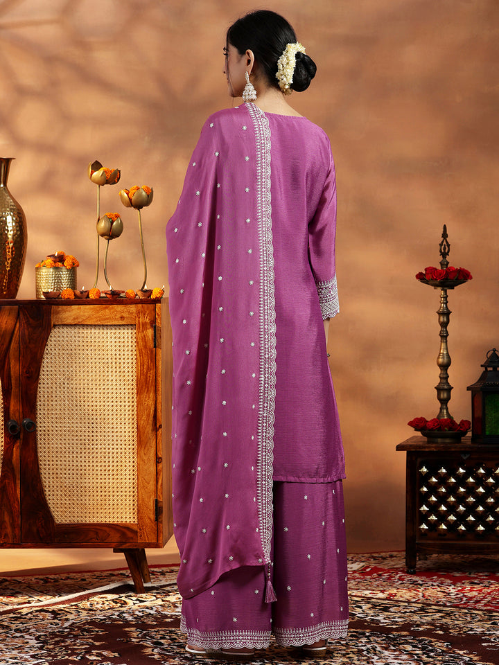 Mauve Embroidered Silk Blend Straight Suit With Dupatta