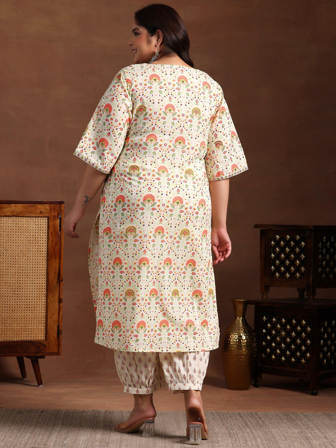 Plus Size Off White Printed Cotton Straight Kurta Set
