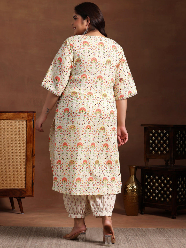 Plus Size Off White Printed Cotton Straight Kurta Set