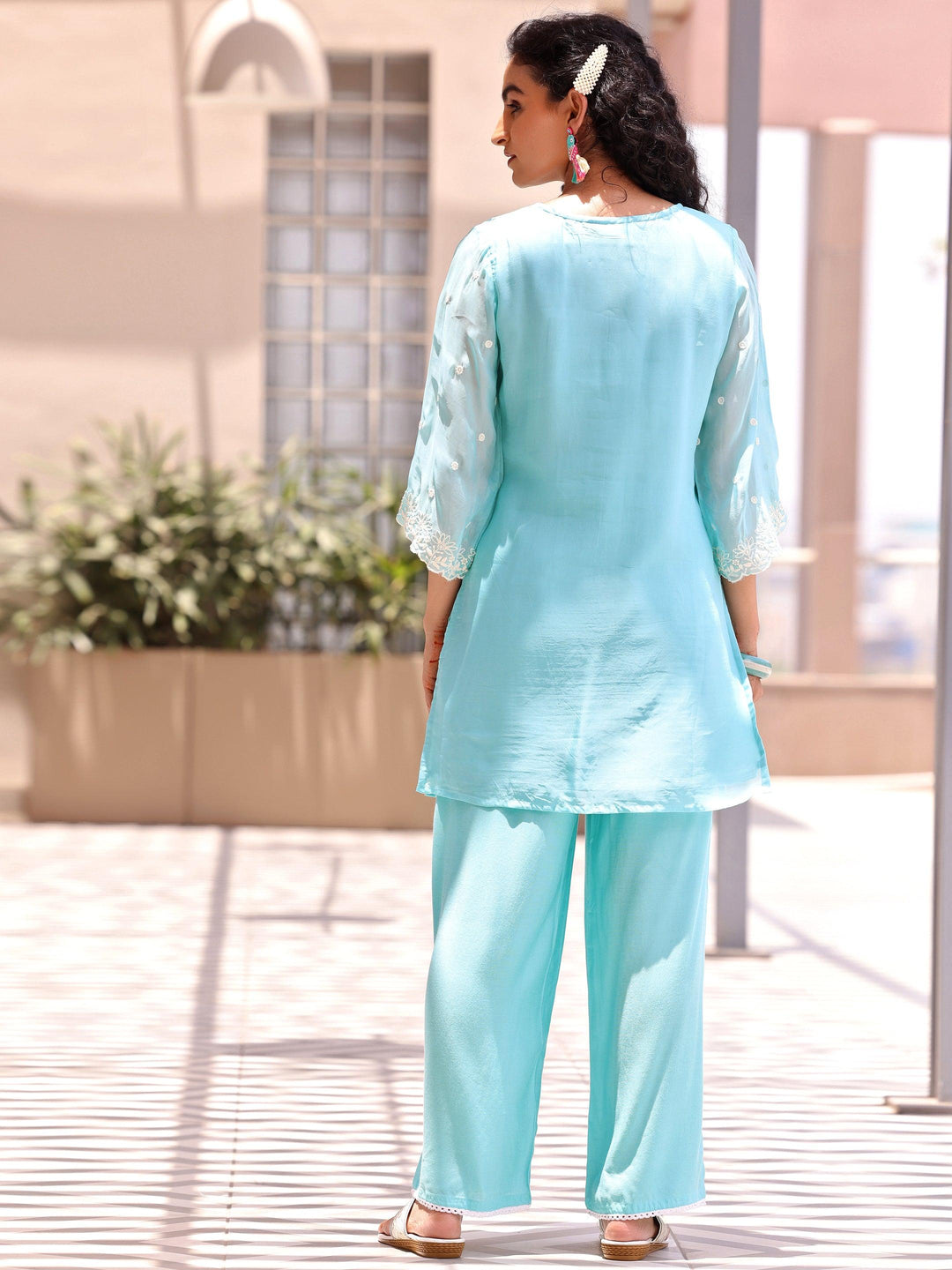 Turquoise Embroidered Silk Blend Co-Ords