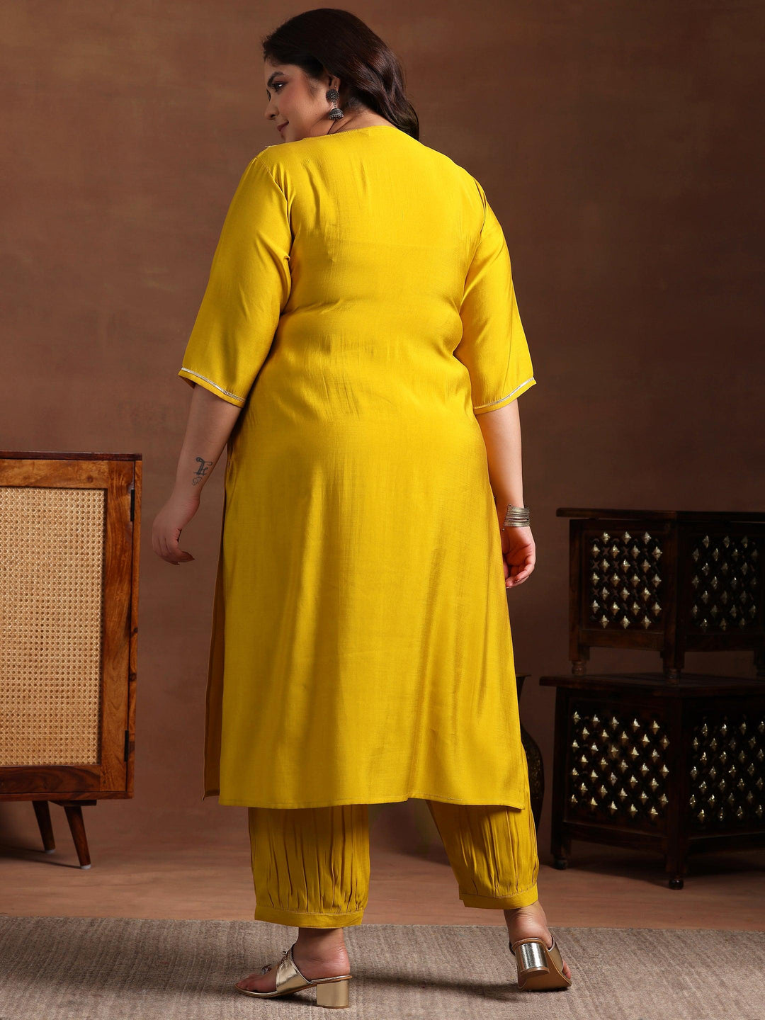 Plus Size Yellow Yoke Design Silk Blend Straight Kurta Set