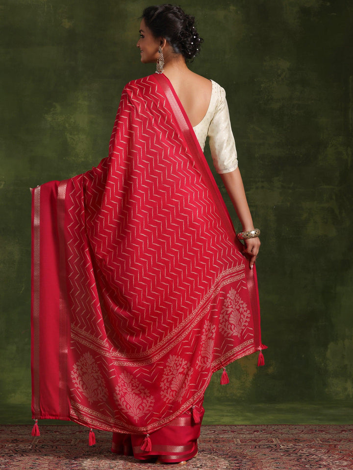 Pink Printed Silk Blend Saree With Unstitched Blouse Piece - Libas