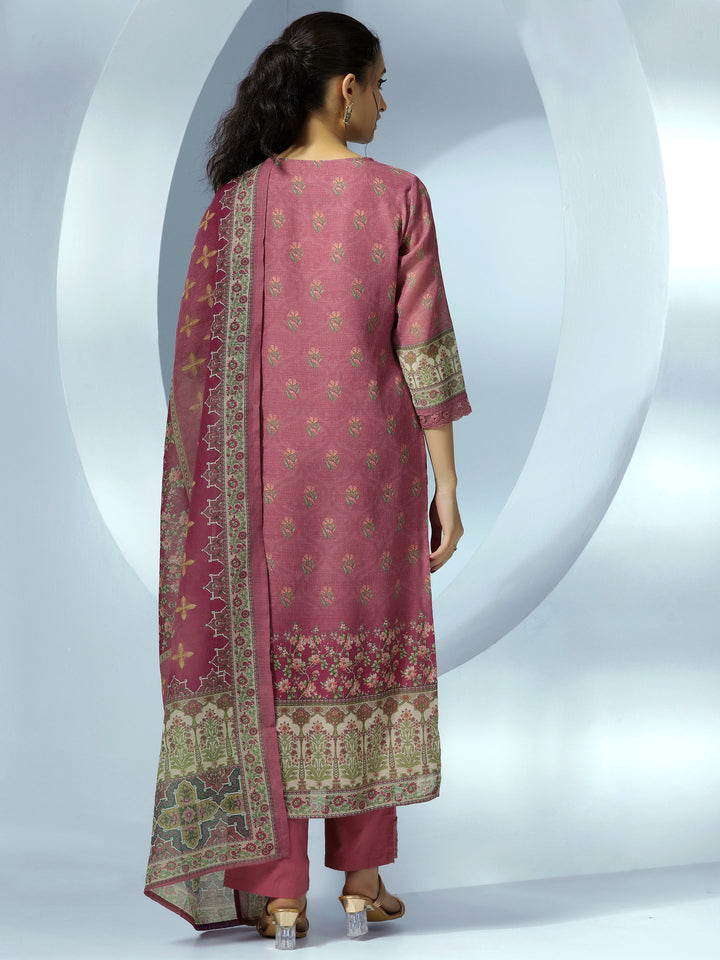 Mauve Printed Cotton Blend Straight Suit With Dupatta