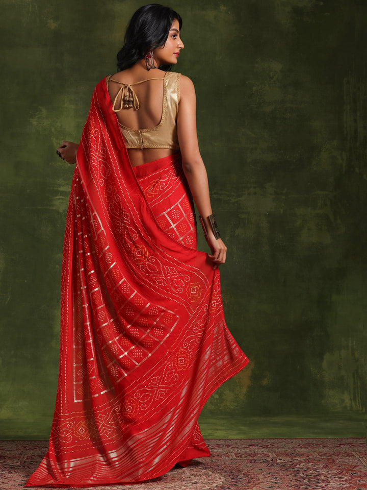 Red Printed Poly Georgette Saree With Unstitched Blouse Piece - Libas