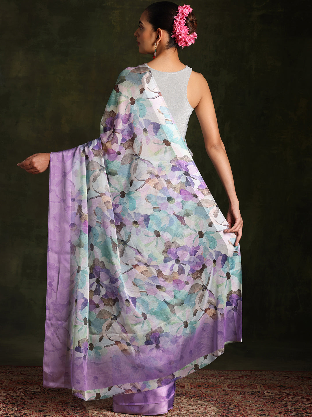 Lavender Printed Silk Blend Saree With Unstitched Blouse Piece