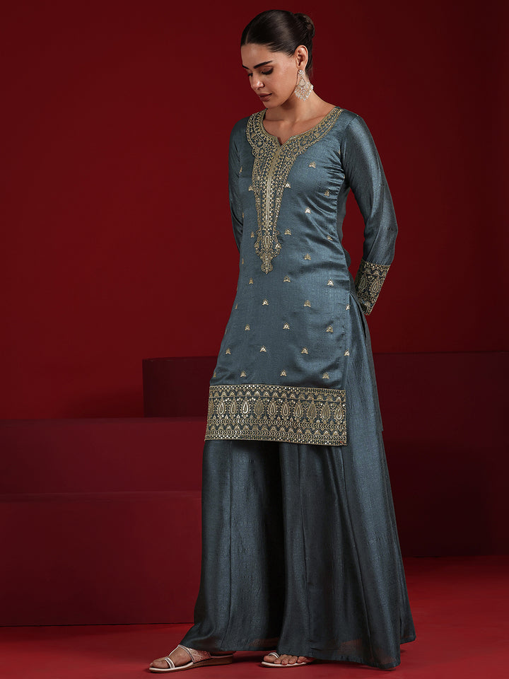 Libas Art Blue Embroidered Silk Blend Straight Suit Set With Dupatta
