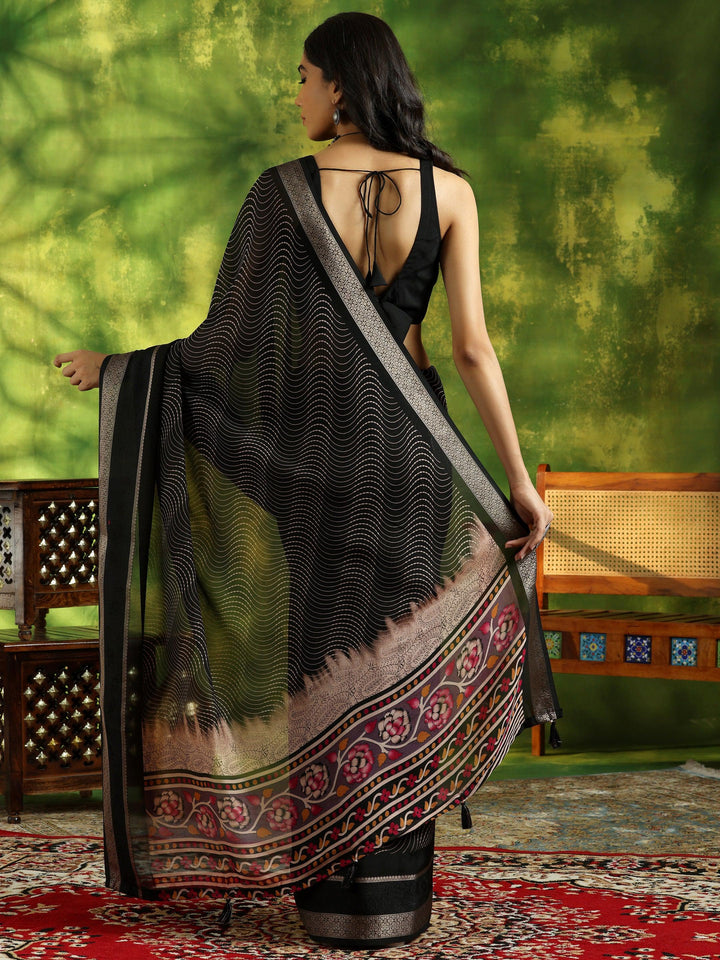 Black Printed Silk Blend Saree With Unstitched Blouse Piece - Libas
