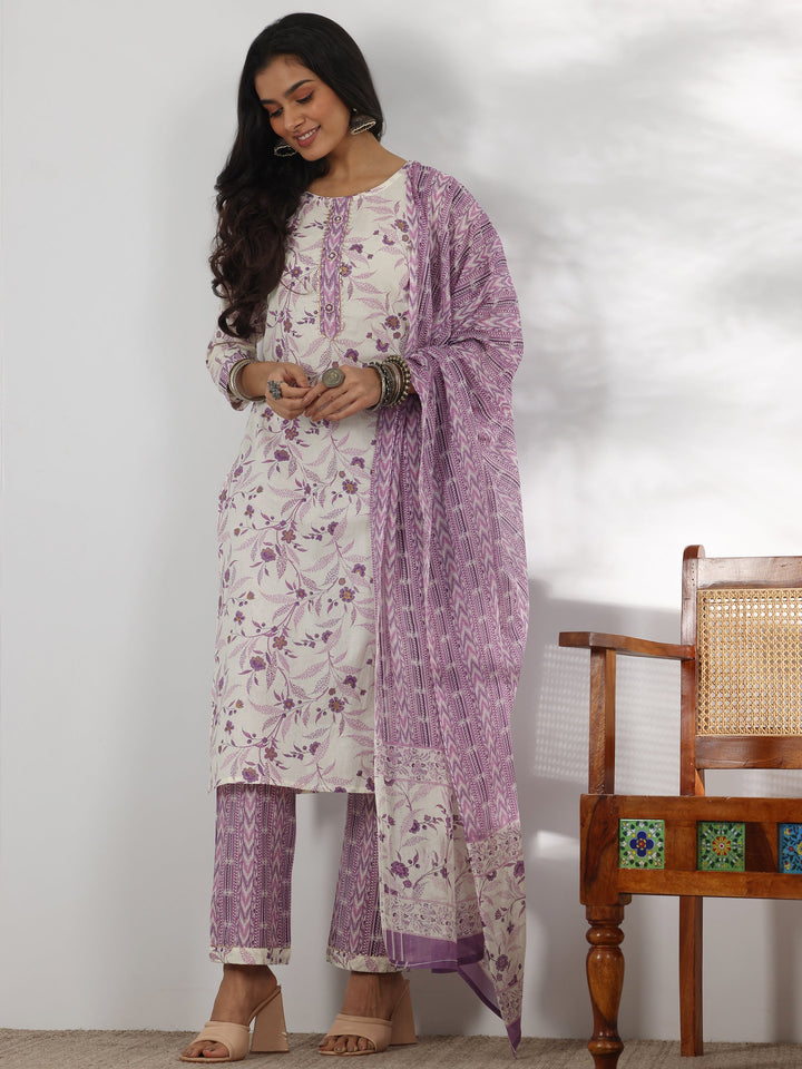 Off White Printed Cotton Straight Suit With Dupatta