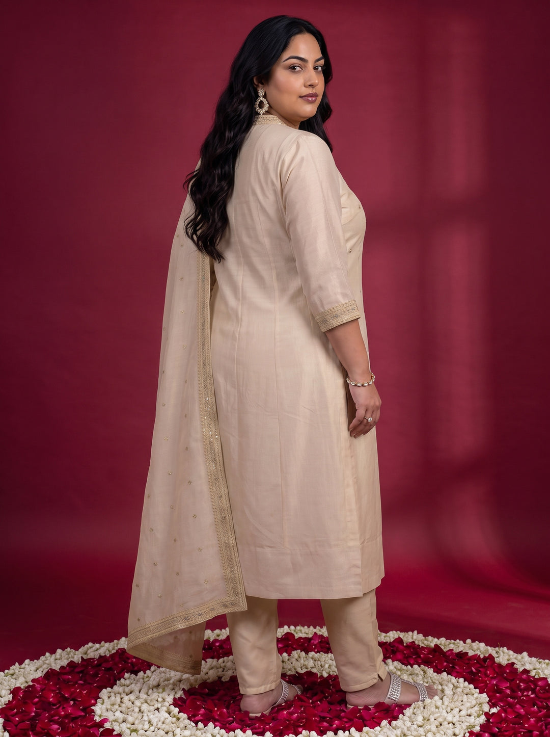 Plus Size Cream Ethnic Embroidered Silk Blend A-Line Suit Set