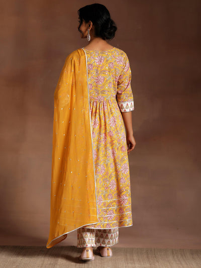 Yellow Printed Cotton Anarkali Kurta With Trousers & Dupatta - ShopLibas