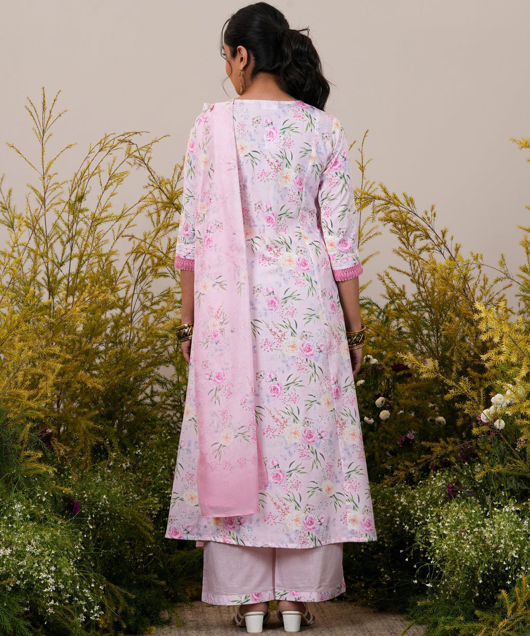 Pink Printed Cotton Blend A-Line Kurta With Palazzos & Dupatta